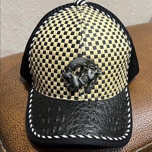 Rare Rodeo Cowboy Checkered Black & Tan Woven Design Alligator Look Baseball Cap